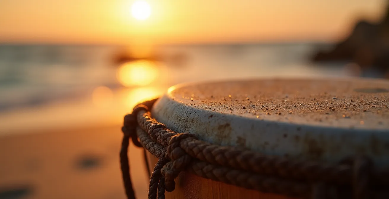 Détail de tambours sur le sable avec lumière dorée du couchant