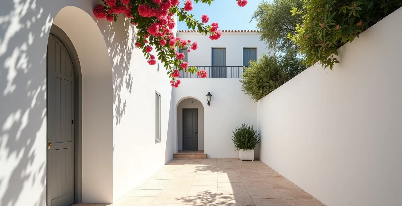 Ruelle pittoresque du village de Santa Gertrudis avec architecture blanche