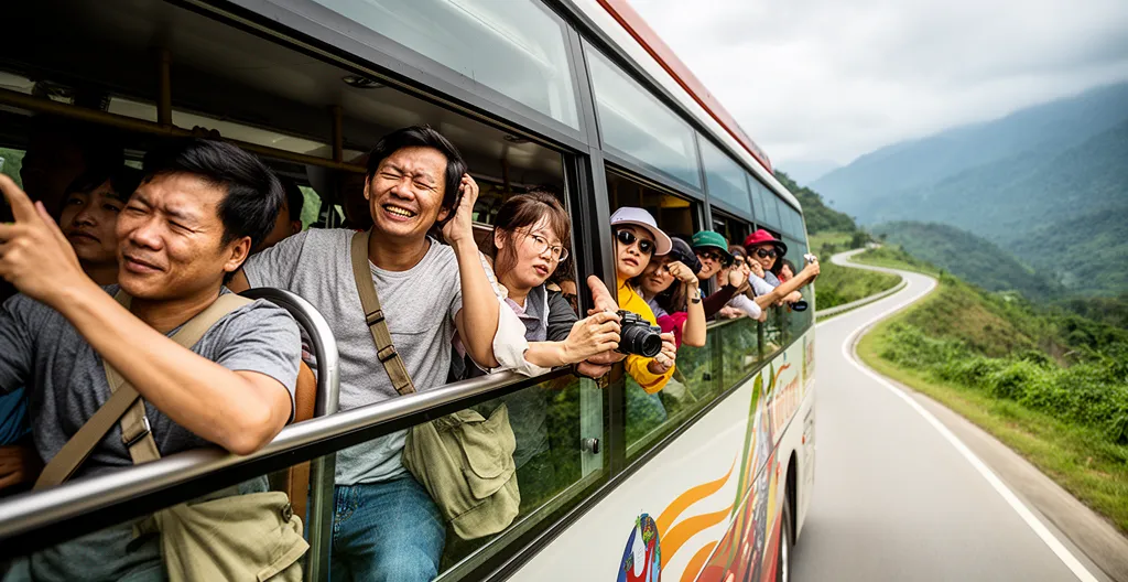 Groupe de touristes fatigués photographiant depuis un bus au Vietnam