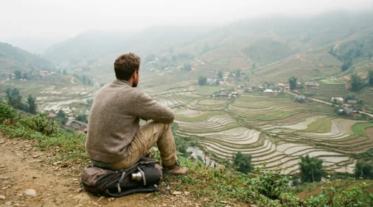 Voyageur contemplant les rizières en terrasses de Ha Giang au Vietnam