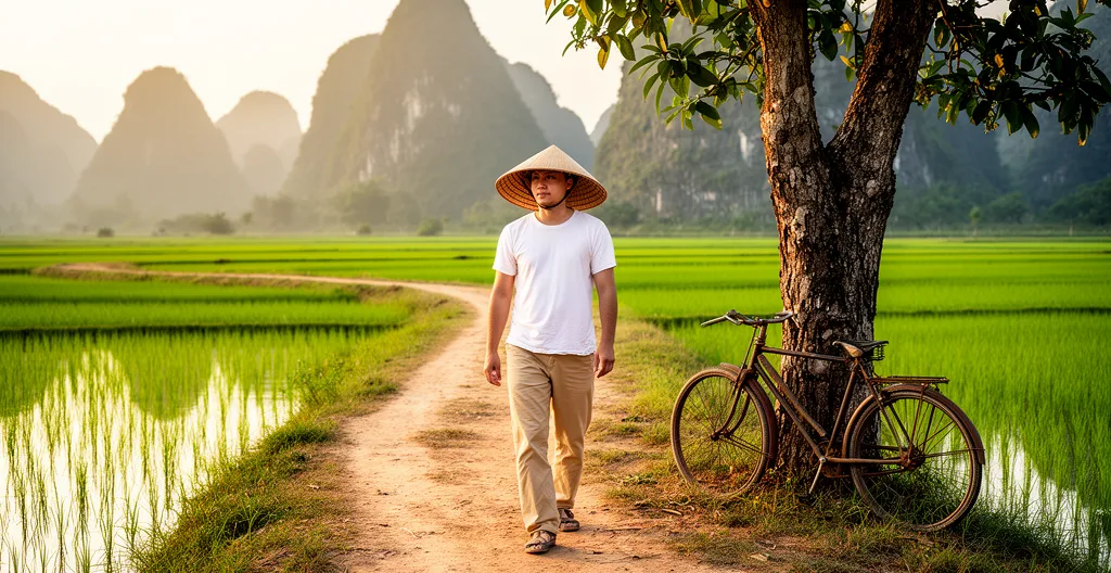 Voyageur marchant seul entre les rizières vertes de Ninh Binh au Vietnam