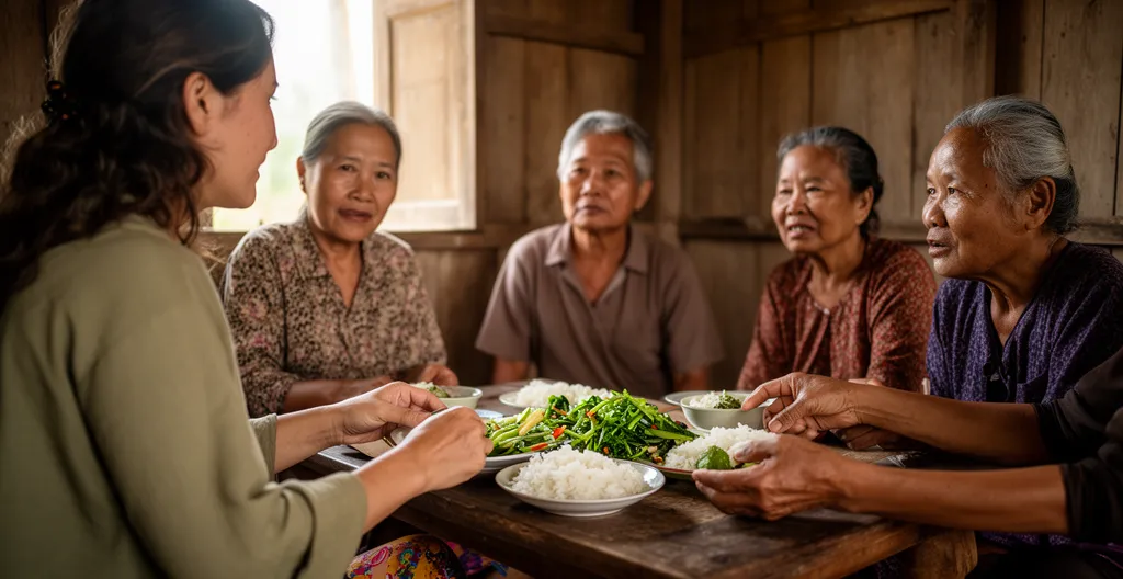 Voyageuse partageant un repas avec une famille vietnamienne dans une maison sur pilotis