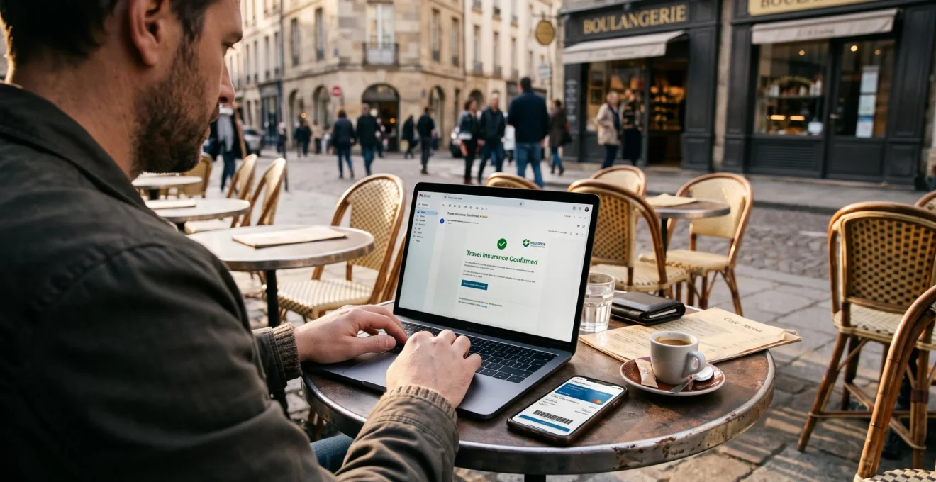 Un homme souscrit à une assurance voyage en ligne depuis la terrasse d'un café.