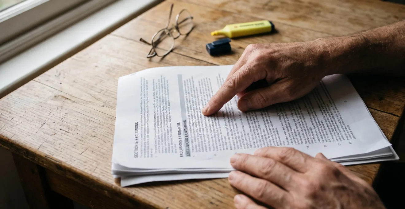 Des mains suivent du doigt les exclusions d'un contrat d'assurance sur une table.