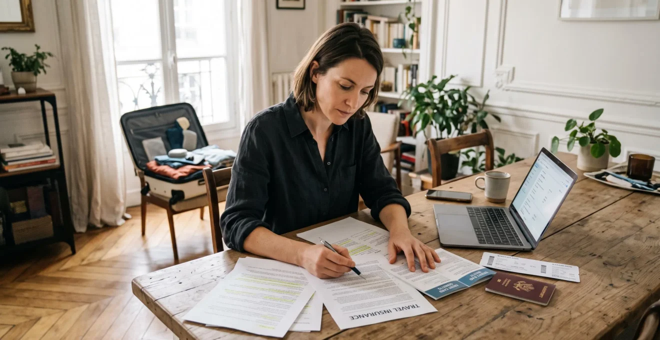 Une voyageuse compare un contrat d'assurance annulation et une brochure à son domicile.